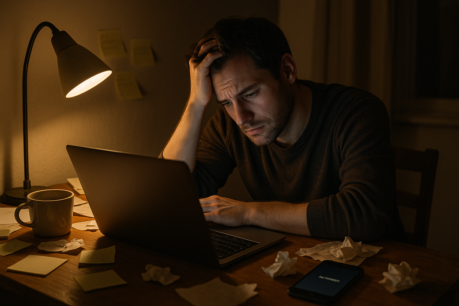 tired man looking at the laptop